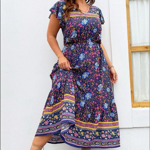 Boho Plus Size Floral Paisley Print V Neck Dress